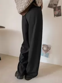DAZY Pantalones de traje de pierna ancha con detalle de plisado de cintura alta, pantalones de vestir para mujer para vestimenta de negocios