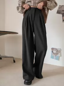 DAZY Pantalones de traje de pierna ancha con detalle de plisado de cintura alta, pantalones de vestir para mujer para vestimenta de negocios