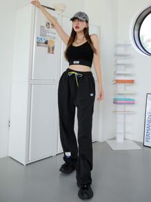 DAZY Drawstring Waist Patched Joggers - Black - View 4