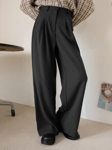 DAZY Pantalones de traje de pierna ancha con detalle de plisado de cintura alta, pantalones de vestir para mujer para vestimenta de negocios