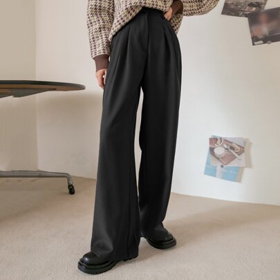 ハイウエスト プリーツ ワイドレッグ スーツパンツ、レディース ドレスパンツ