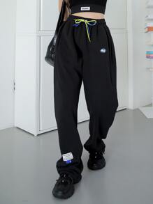 DAZY Drawstring Waist Patched Joggers - Black - View 3