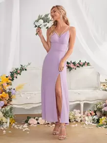 SHEIN Belle Backless Split Thigh Bridesmaid Dress - Lilac Purple - View 1