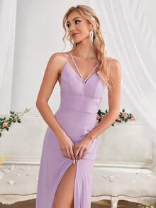 SHEIN Belle Backless Split Thigh Bridesmaid Dress - Lilac Purple - View 3