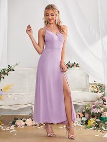 SHEIN Belle Backless Split Thigh Bridesmaid Dress - Lilac Purple - View 4