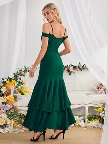 Mesh Insert Cold Shoulder Layered Mermaid Hem Bridesmaid Dress - Dark Green - View 2