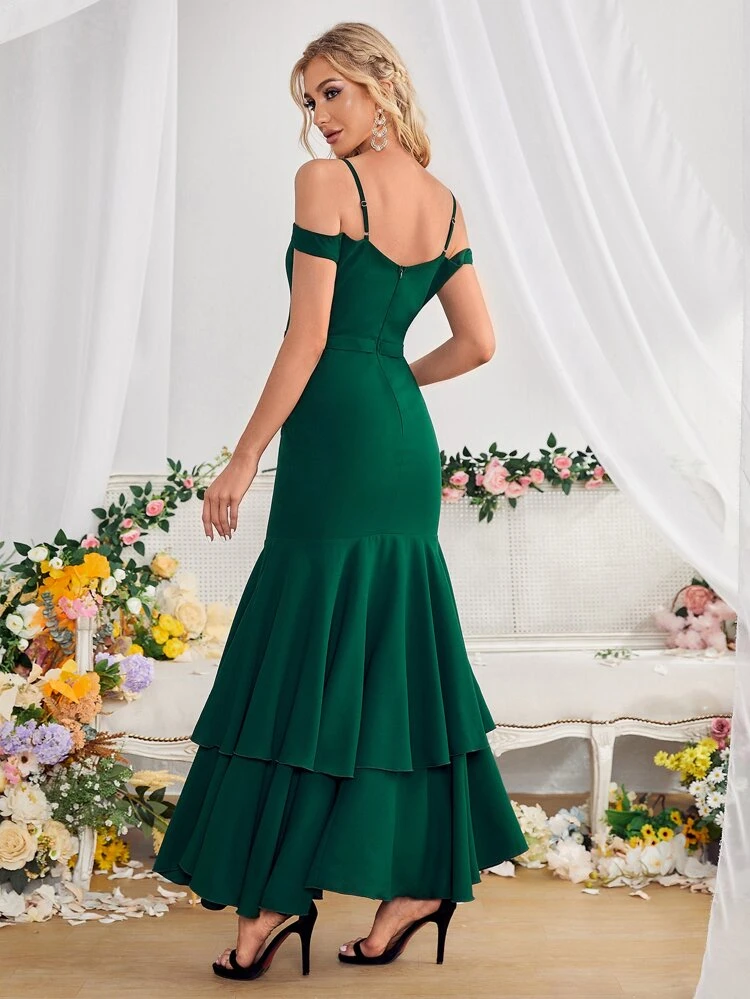 Mesh Insert Cold Shoulder Layered Mermaid Hem Bridesmaid Dress