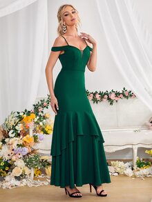 Mesh Insert Cold Shoulder Layered Mermaid Hem Bridesmaid Dress - Dark Green - View 4