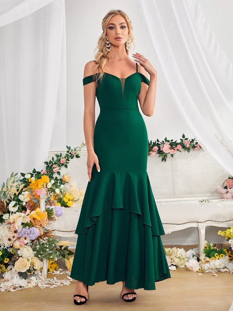 Mesh Insert Cold Shoulder Layered Mermaid Hem Bridesmaid Dress