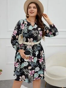 Plus Floral Print Notched Neckline Dress Without Belt - Multicolor - View 3