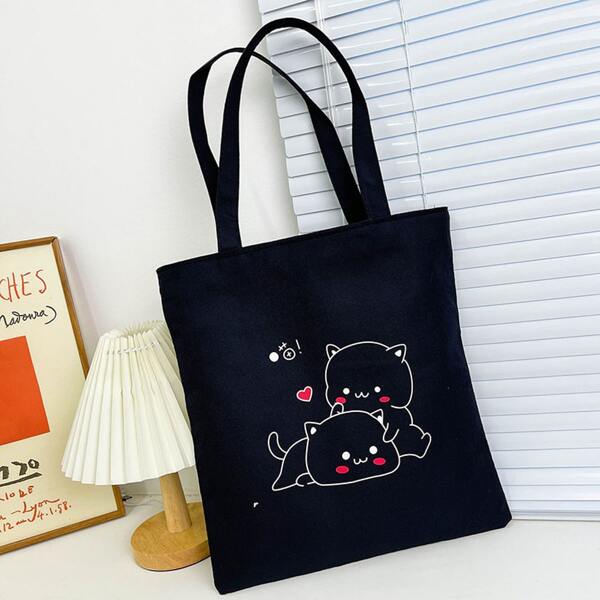 

Cartoon & Chinese Letter Graphic Shopper Bag, Black