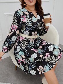 Plus Floral Print Notched Neckline Dress Without Belt - Multicolor - View 5