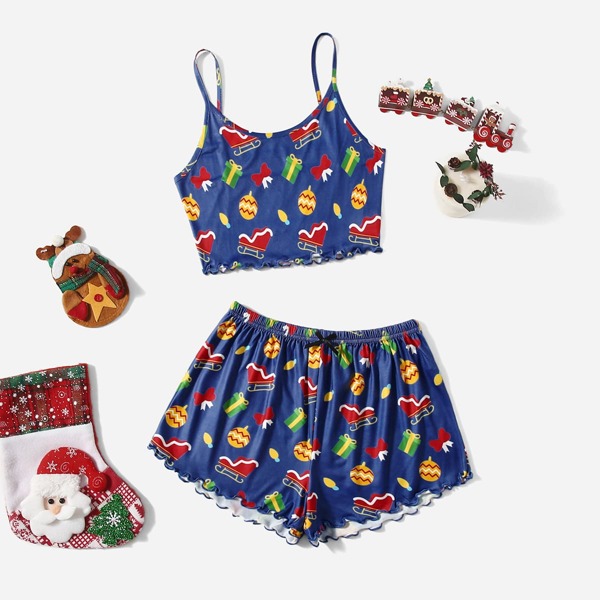 

с рождественским принтом с волнистой отделкой Майка & Шорты Пижама, Многоцветный