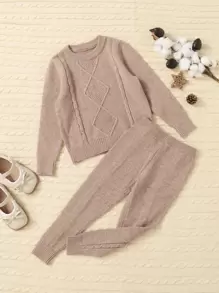 SHEIN Bộ áo len trơn cho bé gái - Màu Khaki - Xem 1