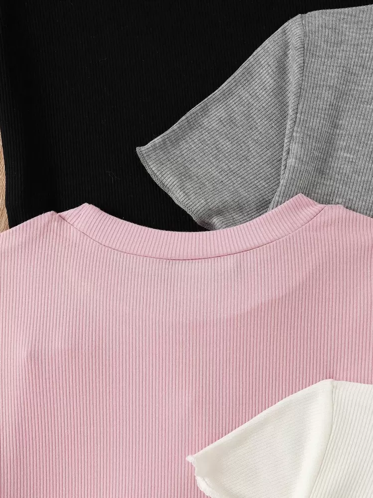 SHEIN Genkimix Kids Camiseta De Manga Corta Multicolor Para Niña Con Puños Y Dobladillo Con Volantes Para Sentirse Cómodo Y Fresco En El Verano - Multicolor - Añade 5