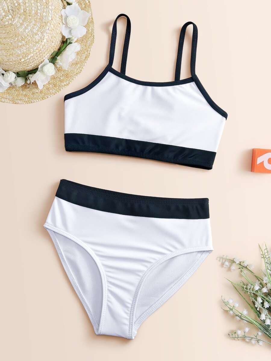 Tween Girl Contrast Binding Bikini Set Summer Beach - Black and White - View 1