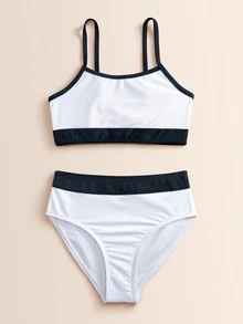 Tween Girl Contrast Binding Bikini Set Summer Beach - Black and White - View 3