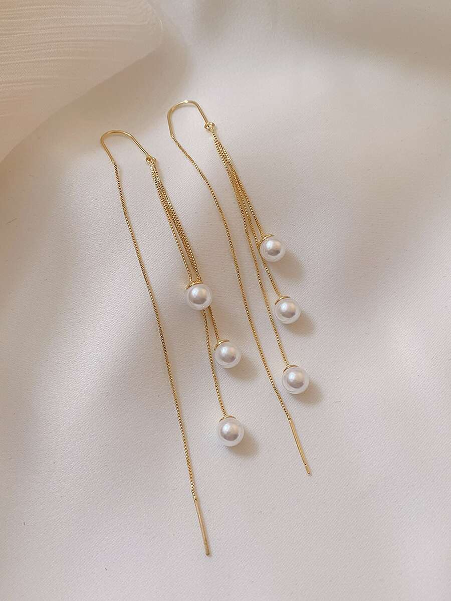 Andkiss Faux Pearl Decor Threader Earrings - Multicolor - View 1