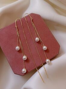 Andkiss Faux Pearl Decor Threader Earrings - Multicolor - View 2