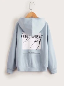 SHEIN 幼青少年男孩下垂肩標語圖形套頭衫 - 霧霾藍 - 查看 1