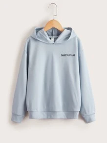 SHEIN 幼青少年男孩下垂肩標語圖形套頭衫 - 霧霾藍 - 查看 2