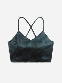 ROMWE Satin Jacquard Lace Up Crop Cami - Teal Blue - View 1