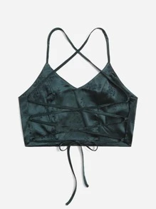 ROMWE Satin Jacquard Lace Up Crop Cami - Teal Blue - View 2