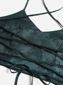 ROMWE Satin Jacquard Lace Up Crop Cami - Teal Blue - View 3