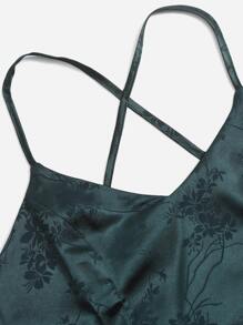 ROMWE Satin Jacquard Lace Up Crop Cami - Teal Blue - View 4