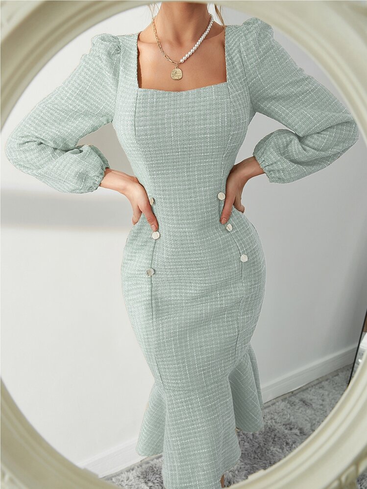 Tweed Square Neck Puff Sleeve Mermaid Dress | SHEIN