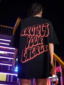 SHEIN Unity Slogan Graphic Oversized Tee - Black - View 1