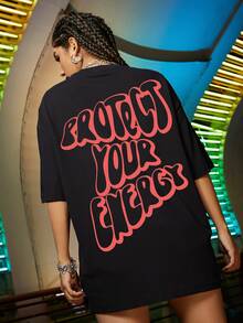 SHEIN Unity Slogan Graphic Oversized Tee - Black - View 4