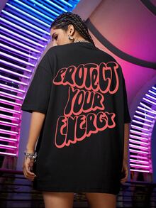 SHEIN Unity Slogan Graphic Oversized Tee - Black - View 5