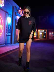 SHEIN Unity Slogan Graphic Oversized Tee - Black - View 7