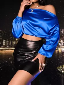 SHEIN SXY Asymmetrical Neck Crop Satin Blouse - Royal Blue - View 1