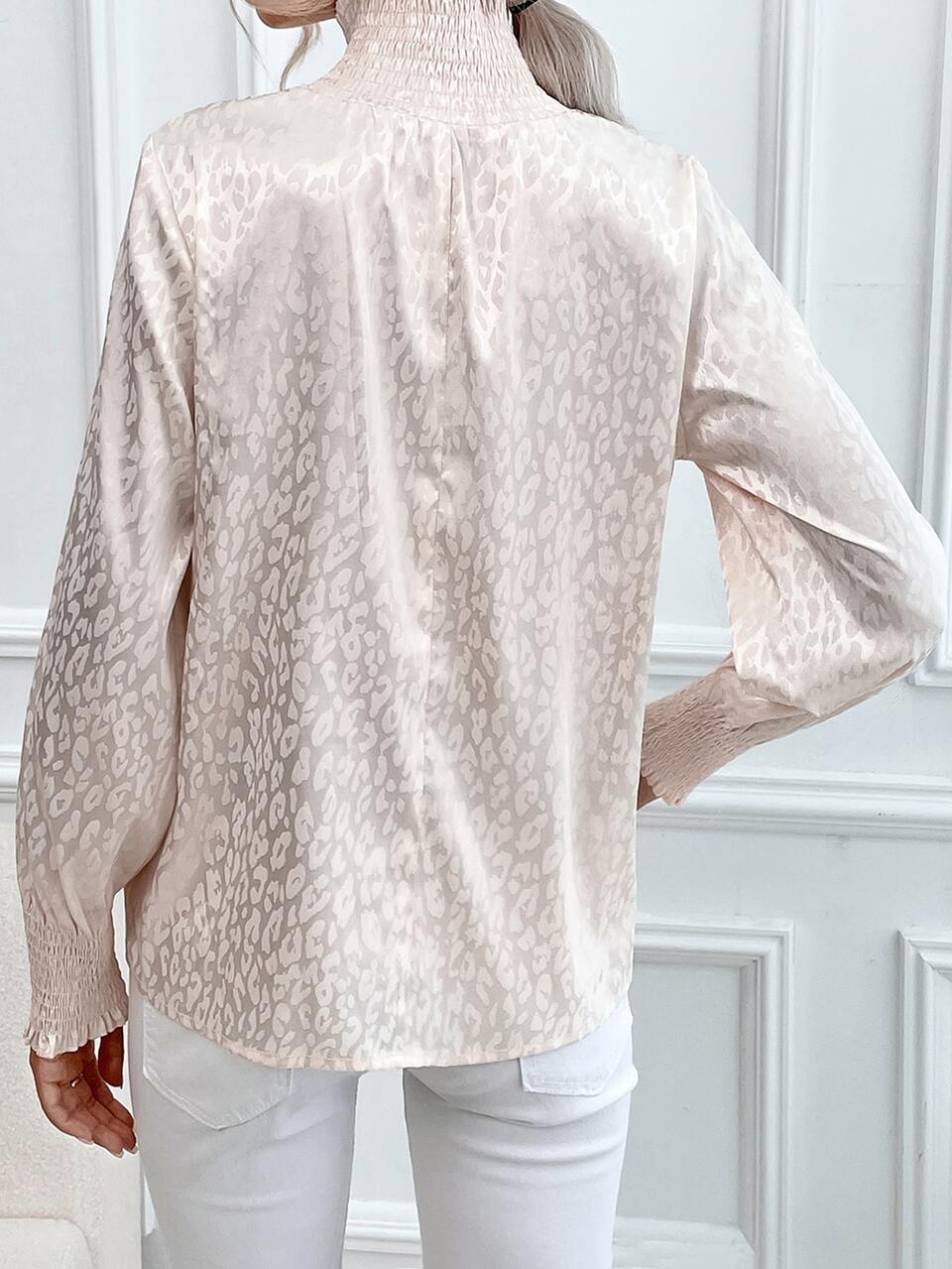 Leopard Jacquard Shirred Lantern Sleeve High Neck Satin Blouse