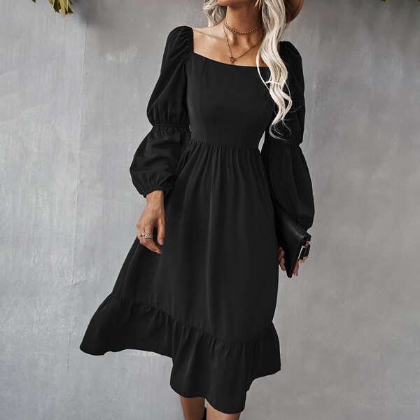 

Solid Square Neck Bishop Sleeve Flounce Hem Dress, Black
