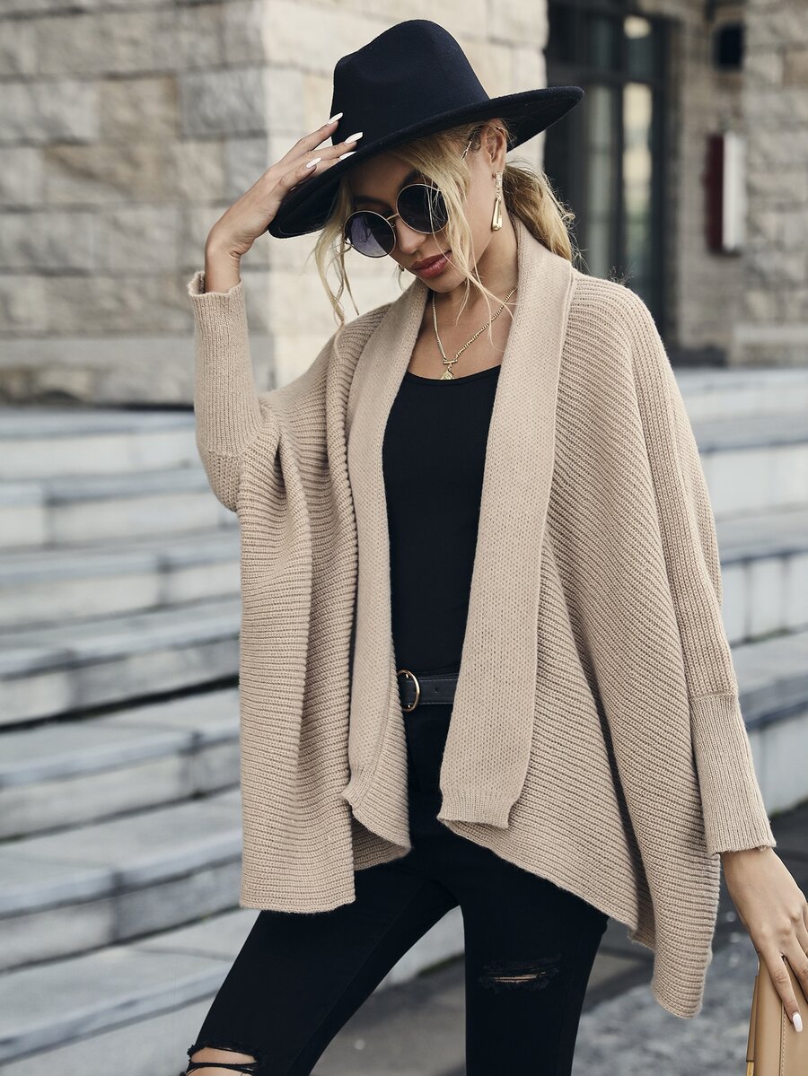 Cárdigan con parte delantera abierta de manga murciélago bajo asimétrico - Caqui - Ver 1