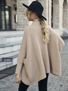 Cárdigan con parte delantera abierta de manga murciélago bajo asimétrico - Caqui - Ver 2