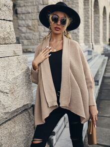 Cárdigan con parte delantera abierta de manga murciélago bajo asimétrico - Caqui - Ver 3