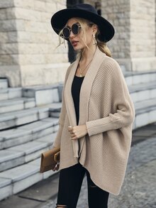 Cárdigan con parte delantera abierta de manga murciélago bajo asimétrico - Caqui - Ver 4