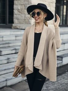 Cárdigan con parte delantera abierta de manga murciélago bajo asimétrico - Caqui - Ver 5