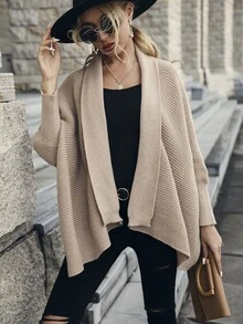 Cárdigan con parte delantera abierta de manga murciélago bajo asimétrico - Caqui - Ver 7