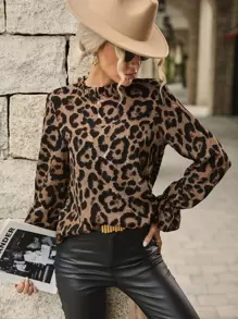 SHEIN Clasi Blusa de leopardo de cuello alto de manga con volante - Multicolor - Ver 1