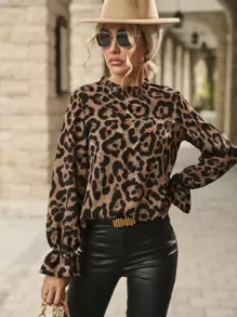 SHEIN Clasi Blusa de leopardo de cuello alto de manga con volante - Multicolor - Ver 4