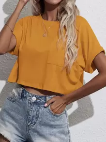 SHEIN Essnce Camiseta corta de manga murciélago con parche de bolsillo - Mostaza Amarilla - Ver 1