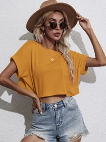 SHEIN Essnce Camiseta corta de manga murciélago con parche de bolsillo - Mostaza Amarilla - Ver 3
