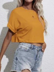 SHEIN Essnce Camiseta corta de manga murciélago con parche de bolsillo - Mostaza Amarilla - Ver 6