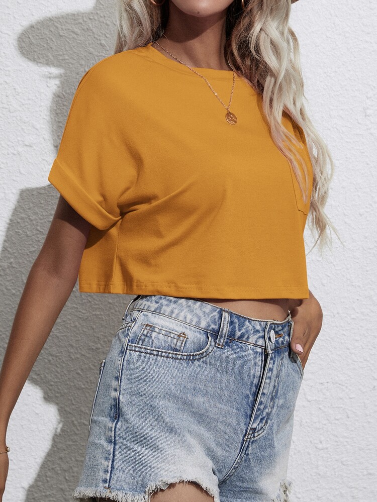 SHEIN Essnce Batwing Sleeve Pocket Patched Crop Tee - Mustard Yellow - View 6
