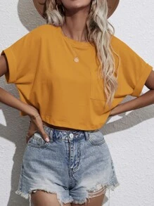 SHEIN Essnce Camiseta corta de manga murciélago con parche de bolsillo - Mostaza Amarilla - Ver 5